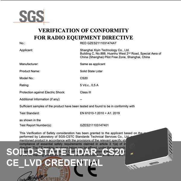 Soild-State Lidar_CS20_CE_LVD-Zertifikat von SGS
