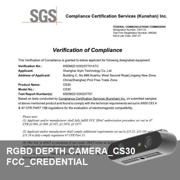 Credencial FCC de la cámara RGBD Depth Camera_CS30 por SGS