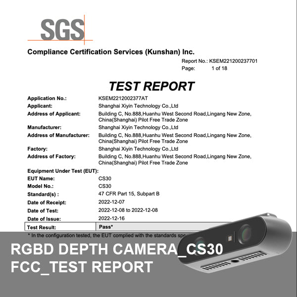 Informe de prueba FCC de la cámara RGBD Depth Camera_CS30 por SGS