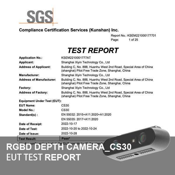 Informe de prueba CE del EUT (Equipo bajo prueba) de la cámara de profundidad RGBD_CS30 por SGS