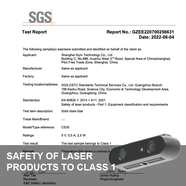 RGBD-Tiefenkamera_CS30_Sicherheit von Laserprodukten bis Klasse 1 von SGS 